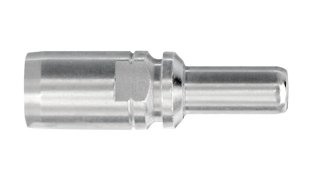 Ein silberner Metallstecker mit zylindrischem Schaft und geriffeltem Mittelteil, vermutlich ein elektrischer oder mechanischer Verbinder.