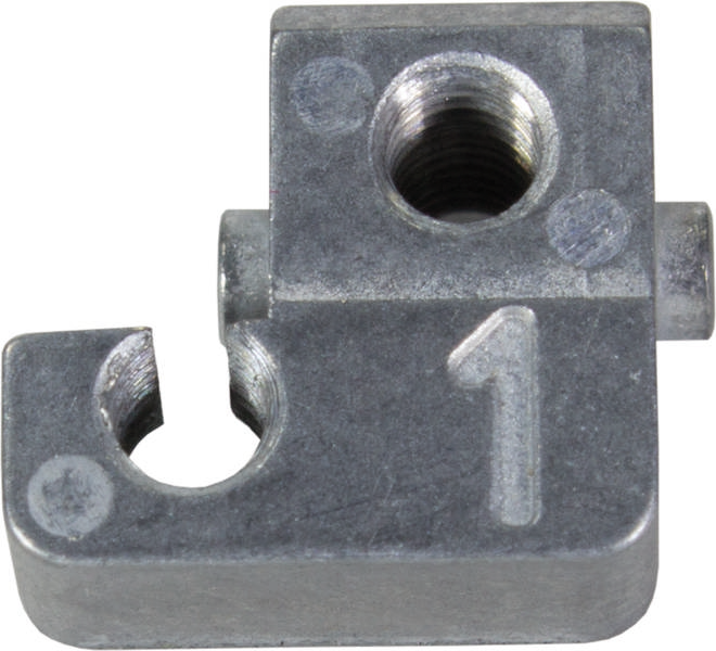 Metallisches Teil mit eingravierter Nummer '1' und einer Schrauböffnung, verwendet zur Befestigung oder Verbindung in mechanischen Konstruktionen.