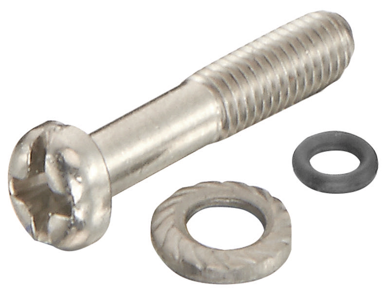 Metallschraube mit Kreuzschlitzkopf, Beilagscheibe und Dichtungsring auf weißem Hintergrund.
