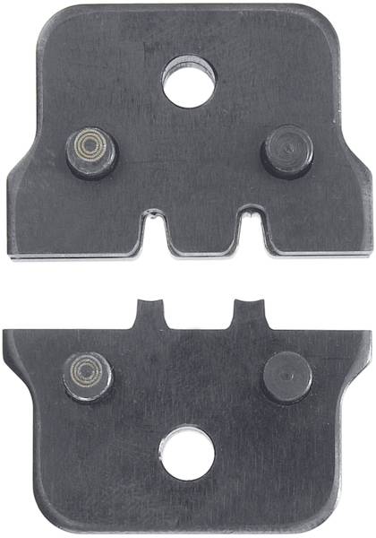 Zwei Metallscherenklingen mit Kerben und Löchern zur Befestigung, übereinander angebracht, zum Schneiden oder Kürzen von Haaren verwendet.