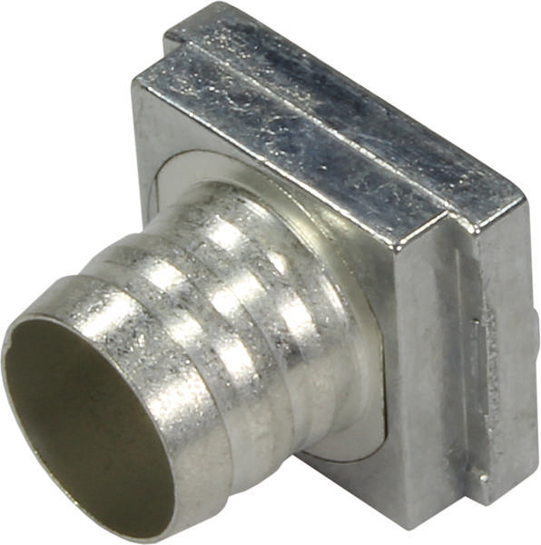 Ein metallischer Schlauchanschluss mit geriffeltem Ende und rechteckigem Befestigungsflansch, zur Verbindung von Rohren oder Schläuchen.