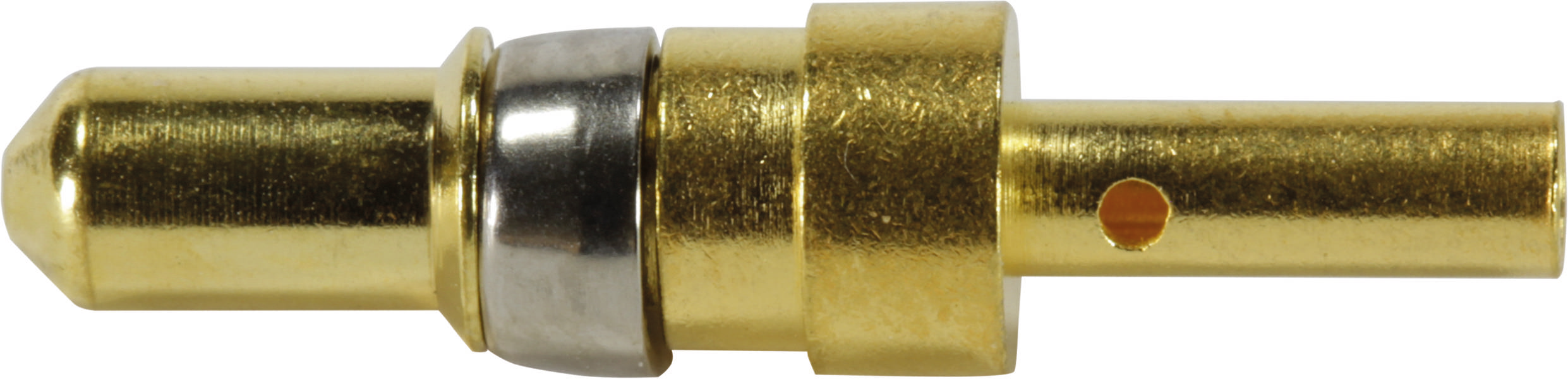 Ein goldener Bananenstecker, seitlich dargestellt, wird zur elektrischen Verbindung in Audio- und Videoanwendungen verwendet.