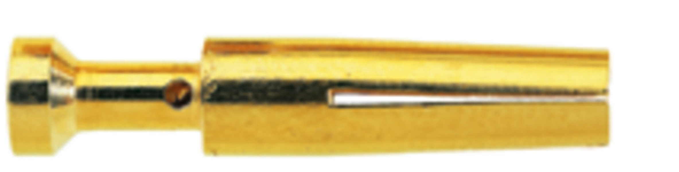 Goldener Metallstecker, zylindrische Form mit Schlitz, vermutlich elektrischer Kontakt.