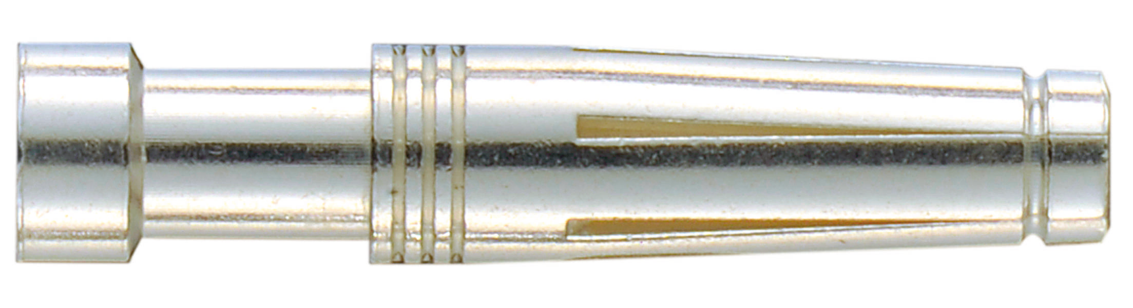 Metallischer, zylindrischer Adapter mit mehreren Rillen. Silberfarben und glänzend, zeigt eine schmale, lange Form mit erweitertem Ende.