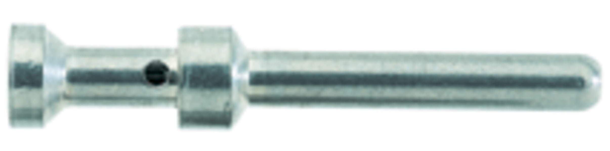 Ein silberfarbener Metallstift mit einem zylindrischen Schaft und einem kleinen Loch nahe dem oberen Ende.