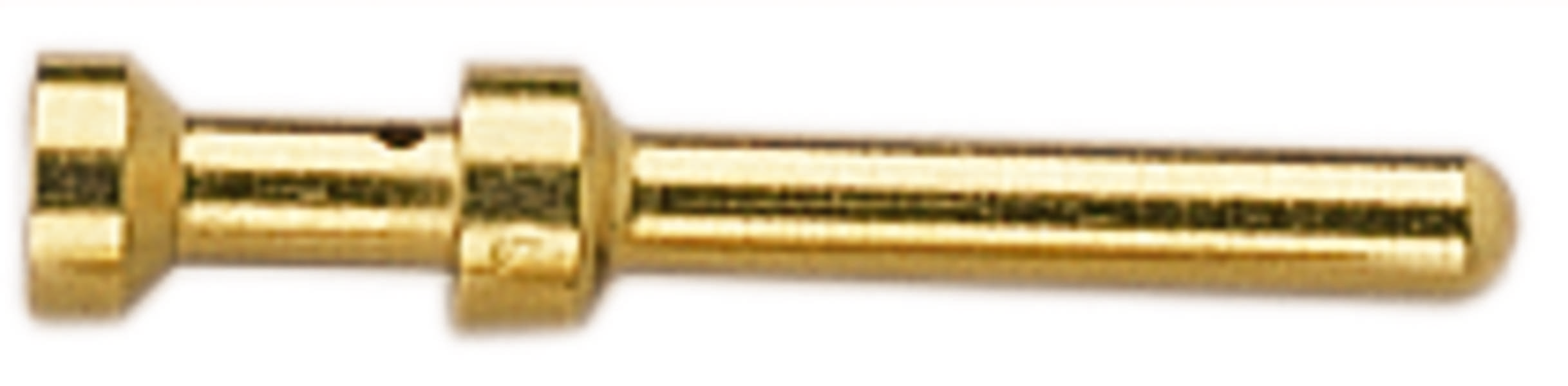 Ein goldener Metallstecker, typischerweise für elektrische Verbindungen verwendet, mit zylindrischer Form und geriffeltem Ende.