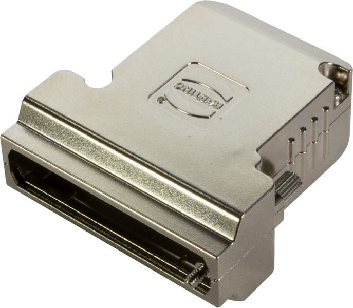 Ein silberfarbener Adapter mit einem flachen, rechteckigen Anschlussende und einem schlüsselförmigen Logo auf der Oberseite.