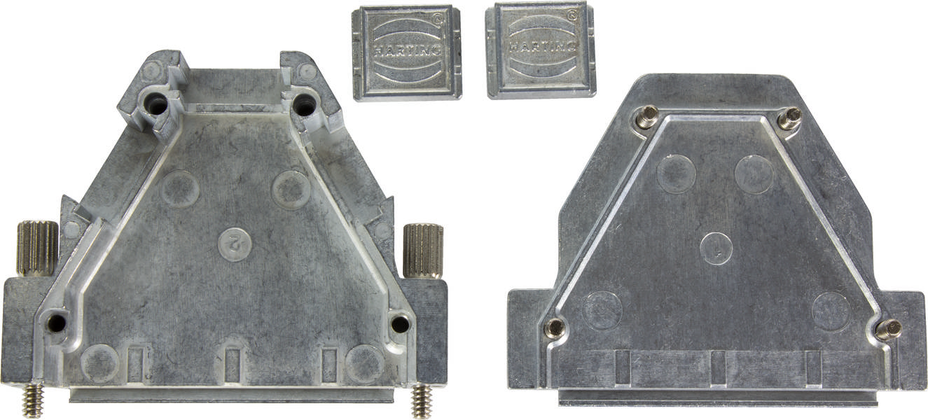 Zwei Metallplatten mit rechteckiger Grundform; Schrauben an den Seiten erkennbar; vermutlich Bauteile oder Gehäuseteile.