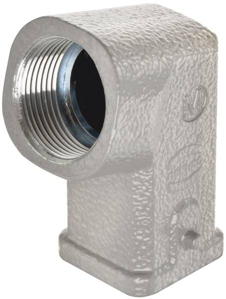 Ein grauer Winkelverbinder aus Metall mit Gewinde, das für Rohrinstallationen verwendet wird.