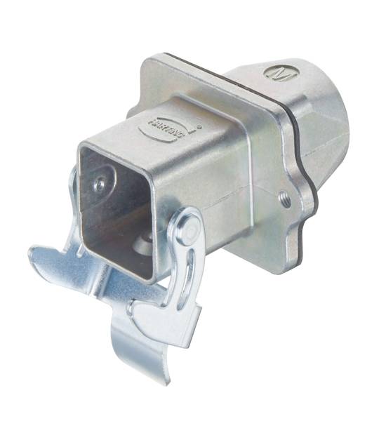Ein rechteckiger industrieller Stecker aus Metall mit seitlichen Verschlussklemmen, von oben betrachtet.