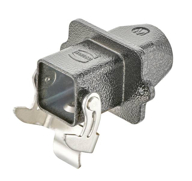 Steckverbinder mit einem rechteckigen, metallischen Gehäuse und silbernen Befestigungselementen. Geeignet für Elektroanschlüsse.