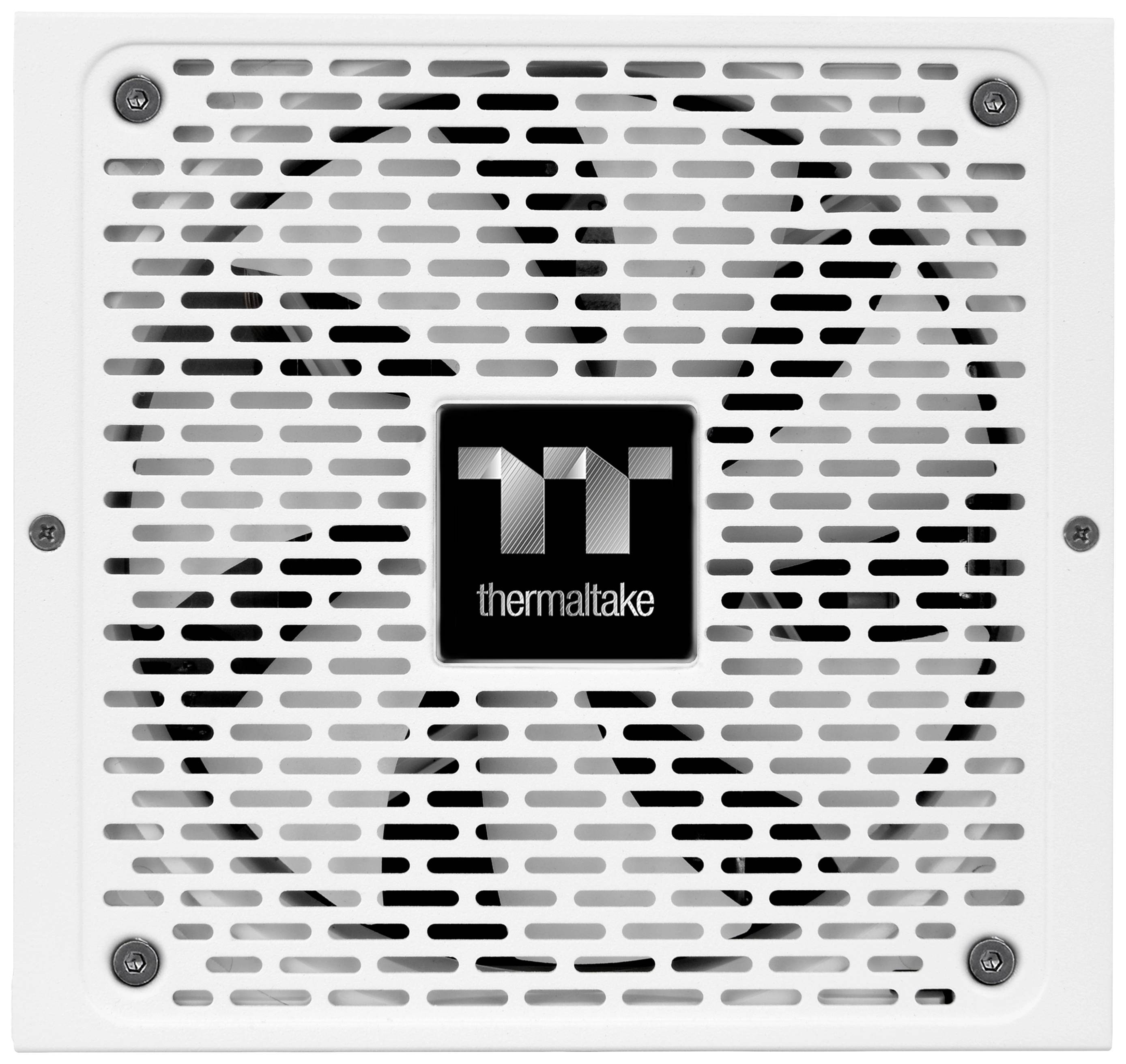 Ein weißer Computerlüfter mit einem Gittermuster, in der Mitte das Logo 'thermaltake'.