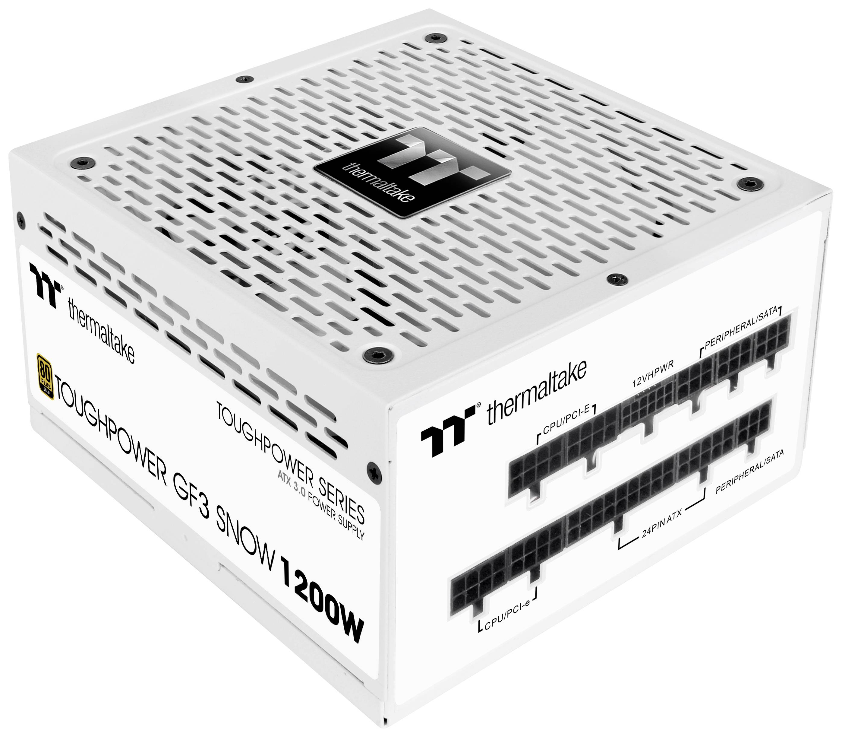 Ein weißes PC-Netzteil, Modell 'Thermaltake Toughpower GF3 Snow 1200W', mit mehreren Stromanschlüssen und Lüftungsschlitzen.