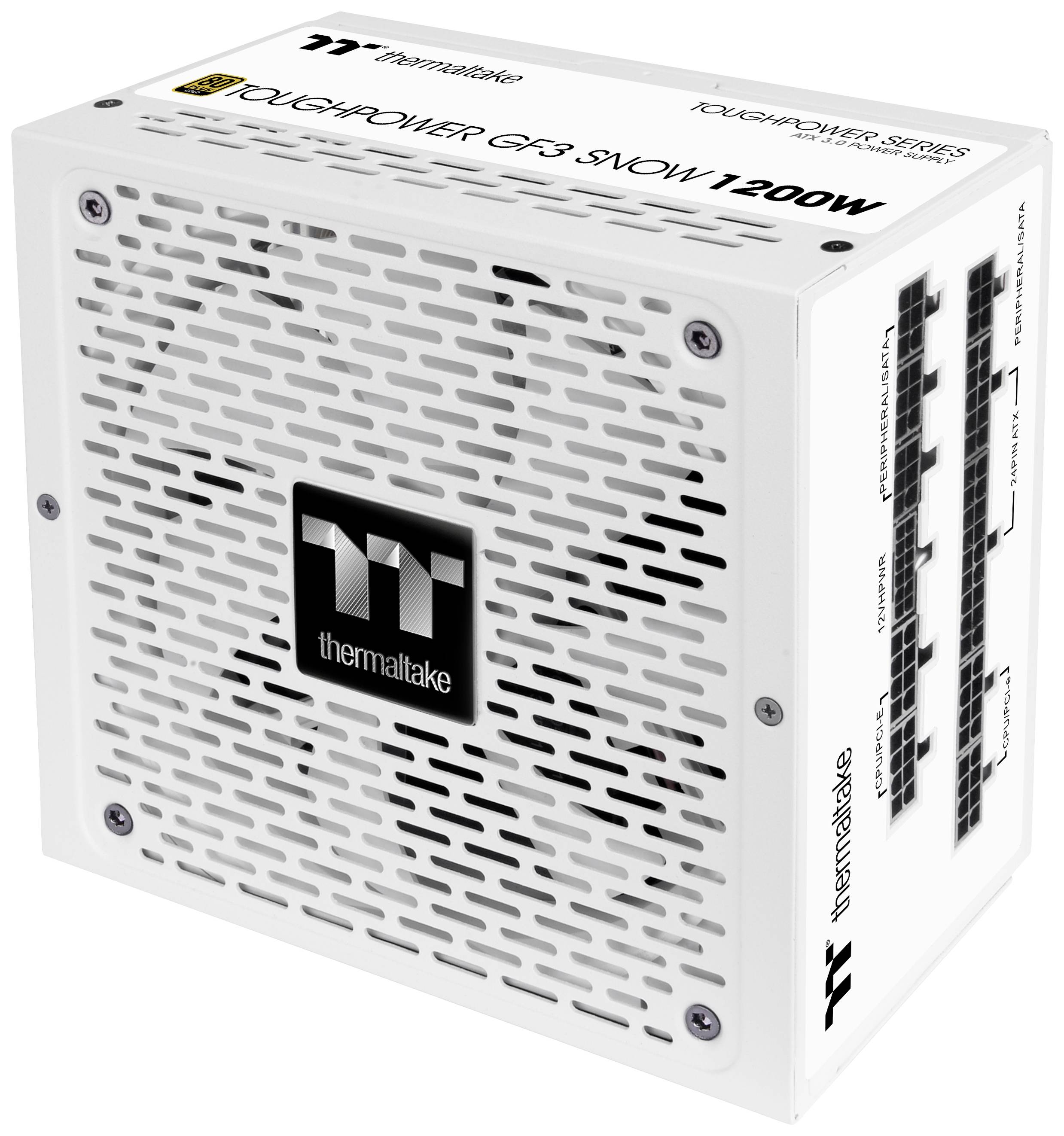 'Thermaltake Toughpower GF3 SNOW 1200W' Netzteil in Weiß, mit einem belüfteten Design für effektive Kühlung und Markenlogo auf der Vorderseite.