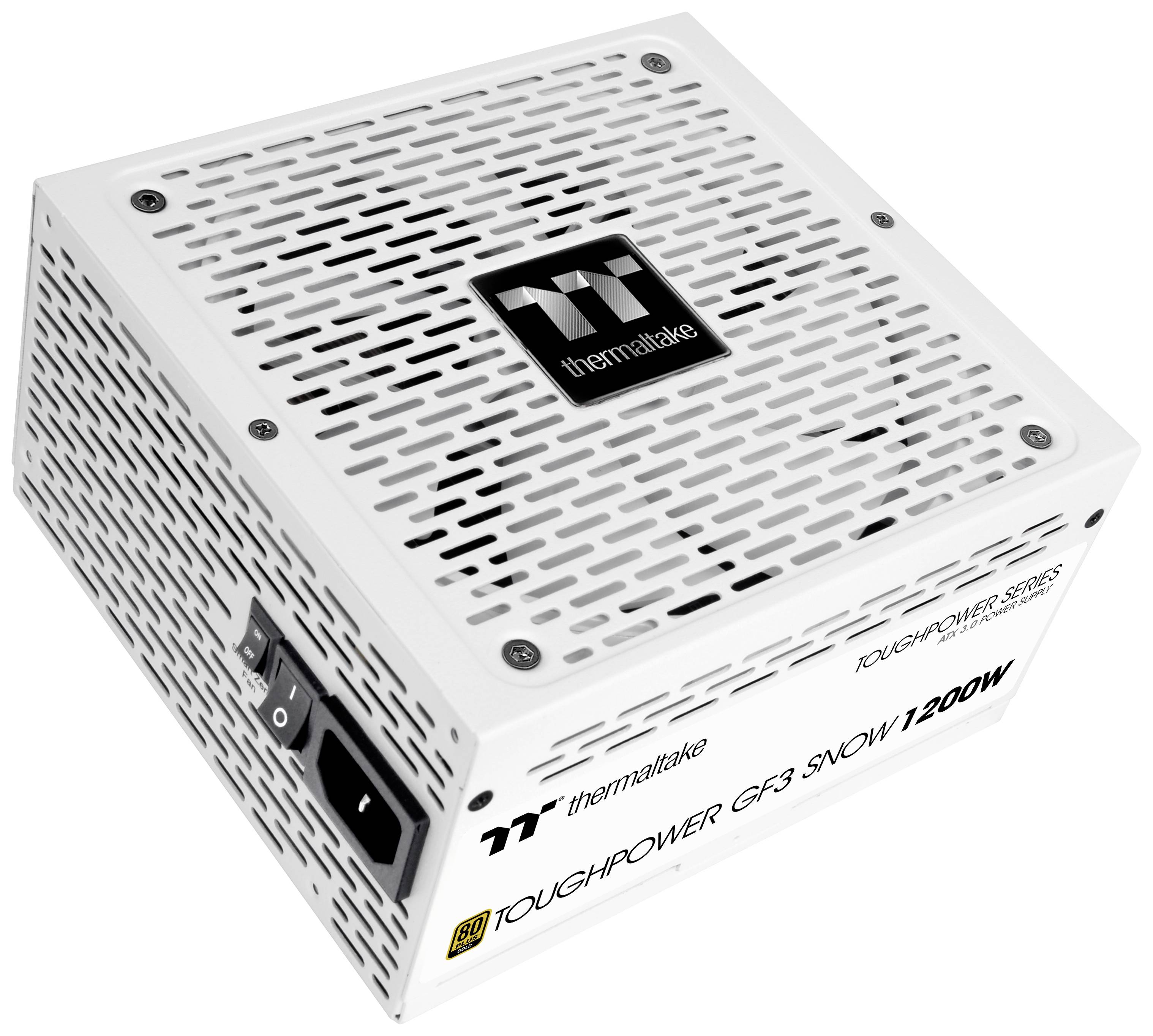 Weiße Thermaltake TOUGHPOWER GF3 SNOW Netzteil-Einheit mit 1200 W Leistung. Enthält Lüftungsgitter und Schalter auf der Rückseite.