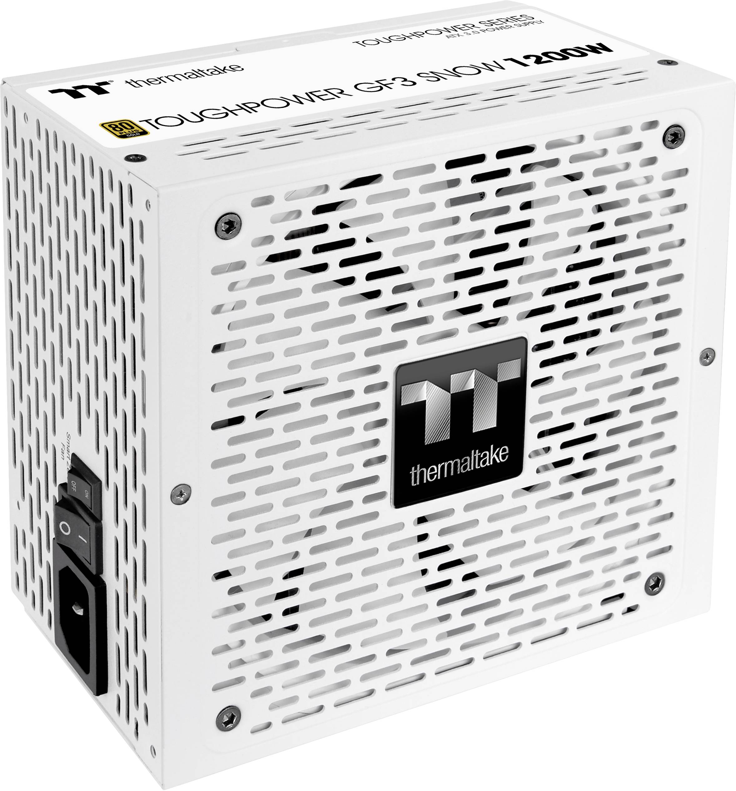 'Thermaltake Toughpower GF3 SNOW 1200W Netzteil' in Weiß, quadratisch mit Belüftungsschlitzen und einem Stromanschluss an der Rückseite.