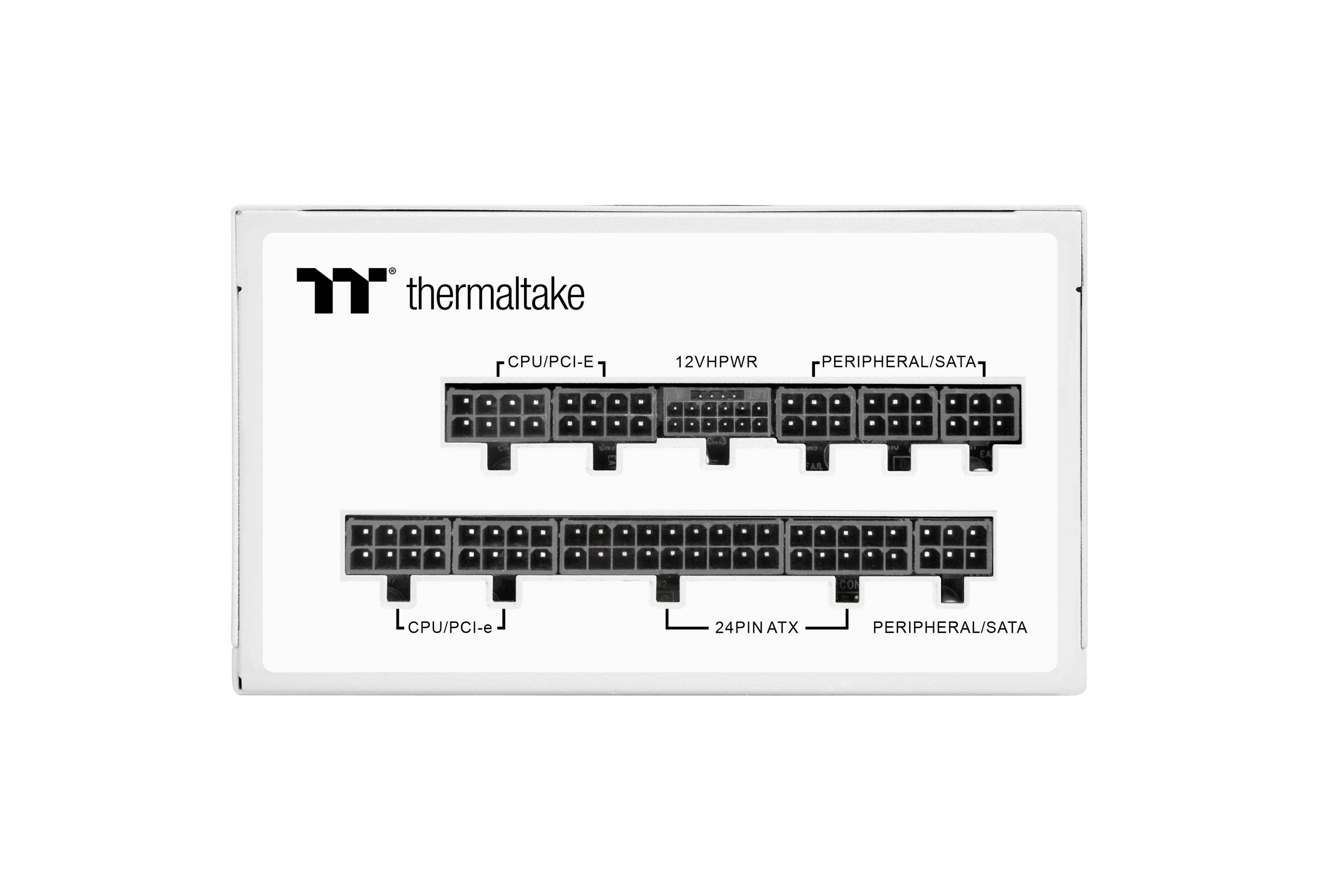 Mainboard mit Anschlüssen für CPU, PCI-E, 12VHPWR, SATA und ATX. Oberhalb der Anschlüsse ist das Thermaltake-Logo abgebildet.