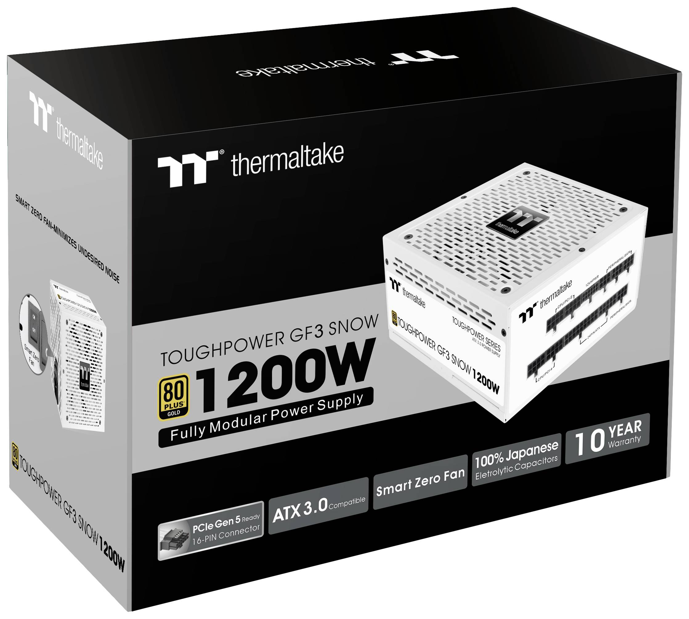 Abbildung einer vollmodularen 1200W Netzteilverpackung der Marke Thermaltake 'TOUGHPOWER GF3 SNOW', mit 80 Plus Gold Zertifizierung.