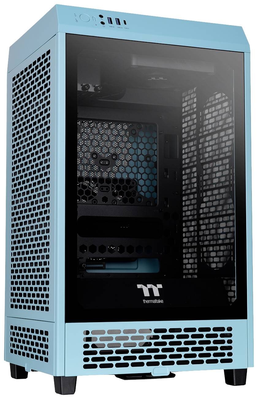 Ein türkisfarbiges Computergehäuse mit schwarzer Glasfront und Mesh-Seiten für Belüftung. Lüftungsschlitze oben und unten.