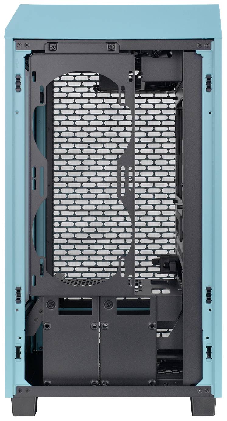 Türkisfarbenes Computergehäuse ohne Komponenten, mit offenem Frontgitterdesign für optimale Belüftung; geeignet für PC-Bastler.
