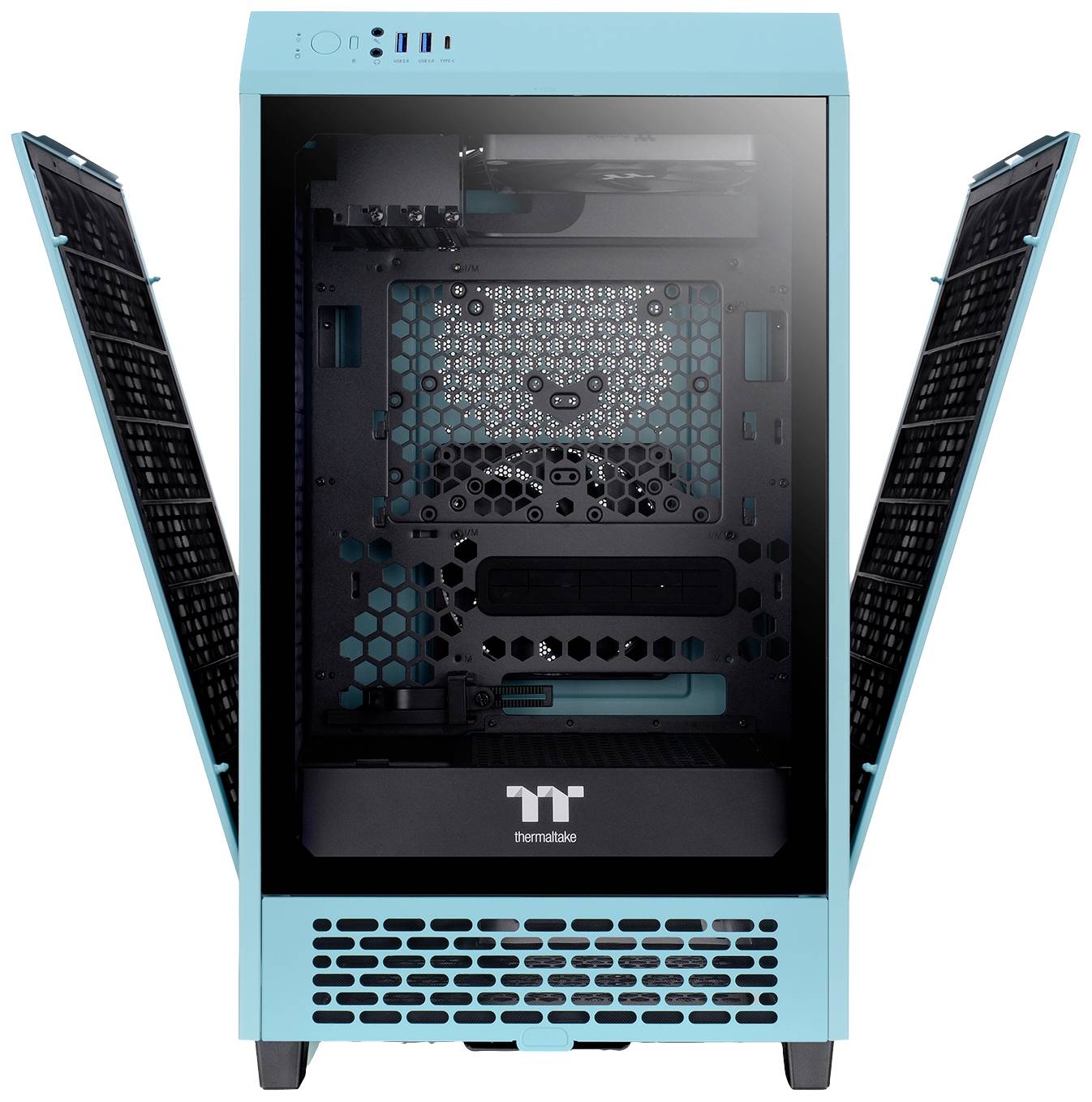 Ein offenes, leeres Computergehäuse mit blauen Akzenten und transparenten seitlichen Türen, das den Blick auf das Innere freigibt.