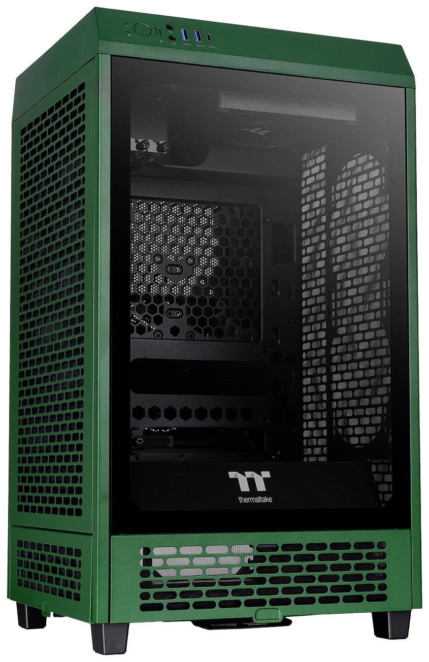 Ein grünes PC-Gehäuse mit Glasfenster zeigt ein geräumiges Inneres und mehrere Belüftungsöffnungen für verbesserte Luftzirkulation.
