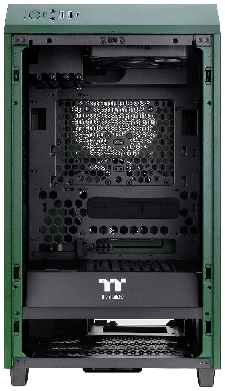 Leeres grünes Computergehäuse von Thermaltake mit offenen Vorder- und Seitenabdeckungen, bereit zur Installation von Komponenten.