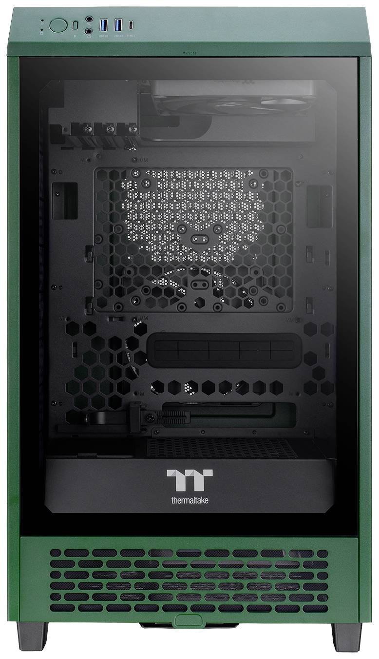 Grünes PC-Gehäuse von Thermaltake aus Glas und Metall, mit mehreren Lüftungsschlitzen und Frontanschlüssen für USB und Audio.