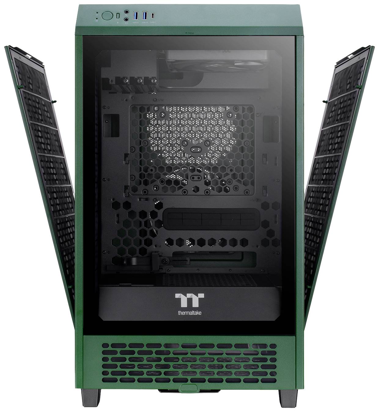 Ein grünes Computergehäuse mit zwei offenen Seitentüren, zeigt das innere Lüftungsgitter und mehrere Installationsplätze.