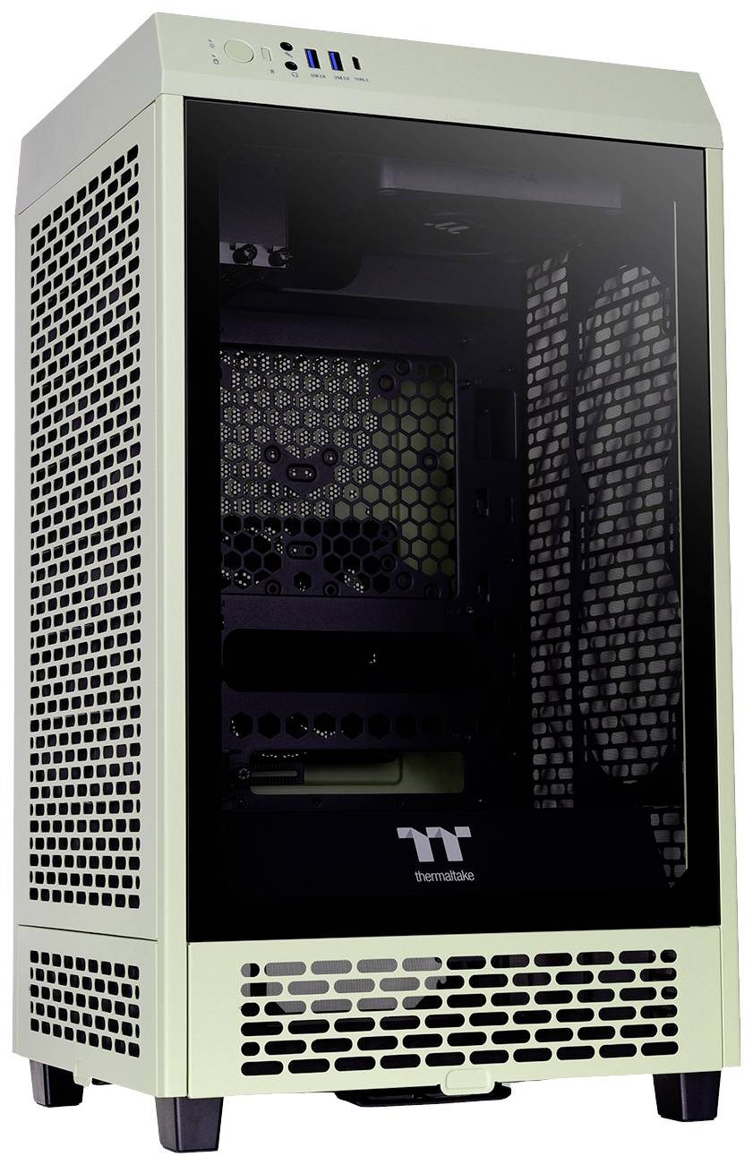 Gaming-PC-Gehäuse mit Glasfront, Luftzirkulation durch seitliche Öffnungen, geeignet für leistungsstarke Hardware-Installationen.
