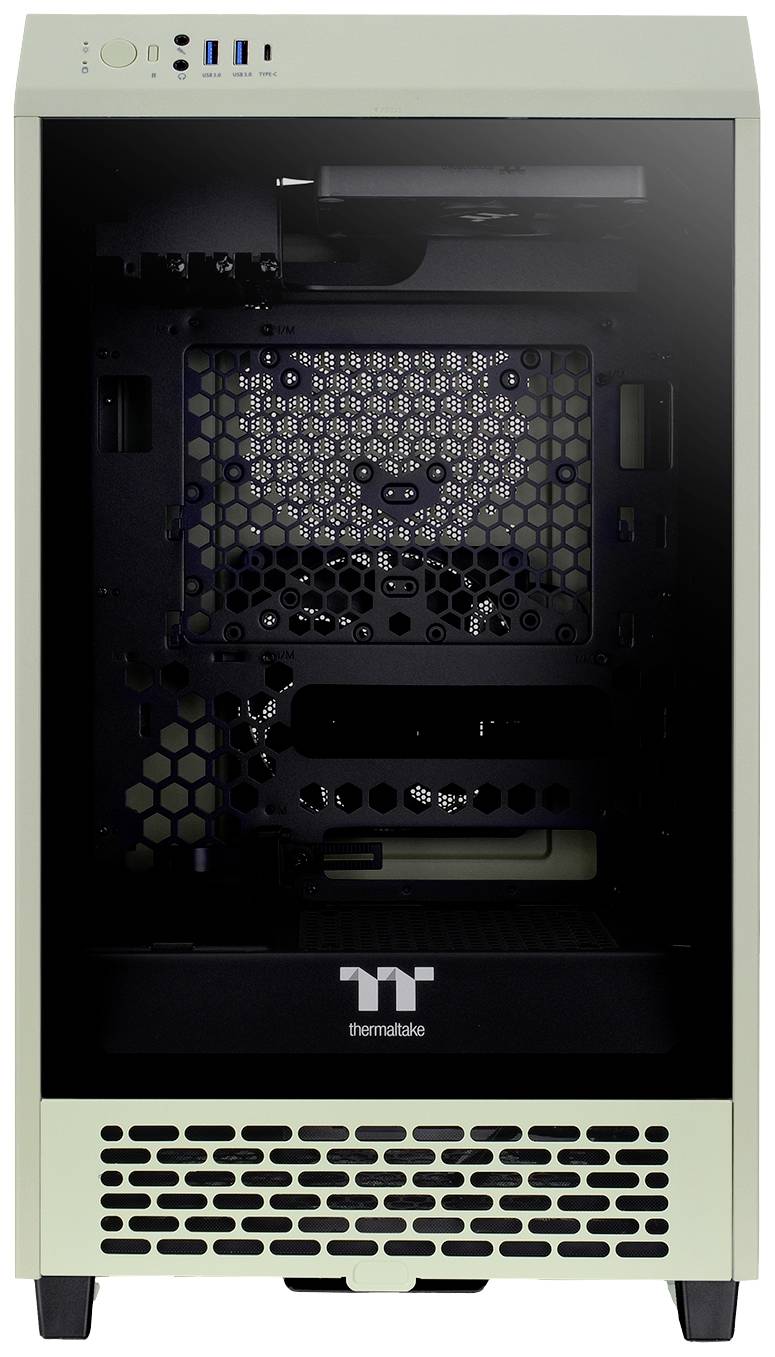 Bild zeigt ein leeres Thermaltake Computergehäuse mit transparentem seitlichem Sichtfenster, geeignet für PC-Bau und Hardware-Installation.