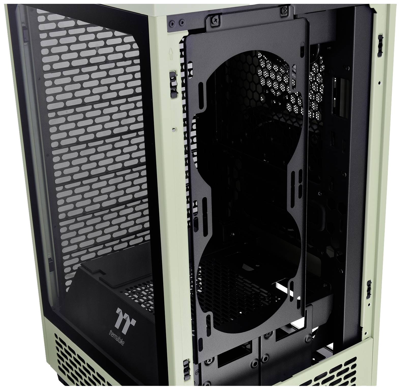 Gehäuse eines Computergehäuses in hellem Grün, offen mit sichtbarem Innenraum. Lüftungsgitter an den Seiten, Logo unten erkennbar.