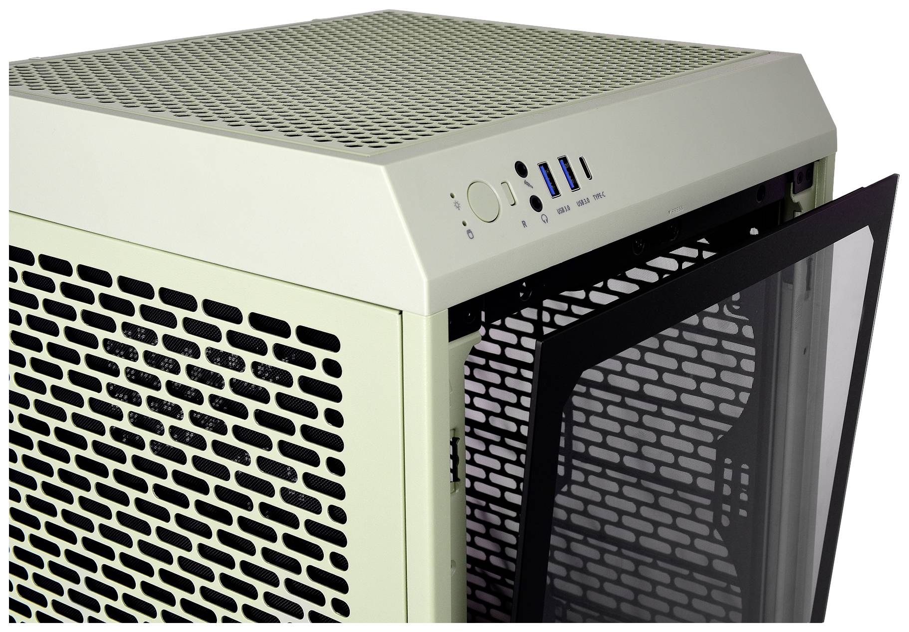 Ein offenes Computergehäuse mit einer gelochten Vorderseite und USB- sowie Audioanschlüssen auf der Oberseite.