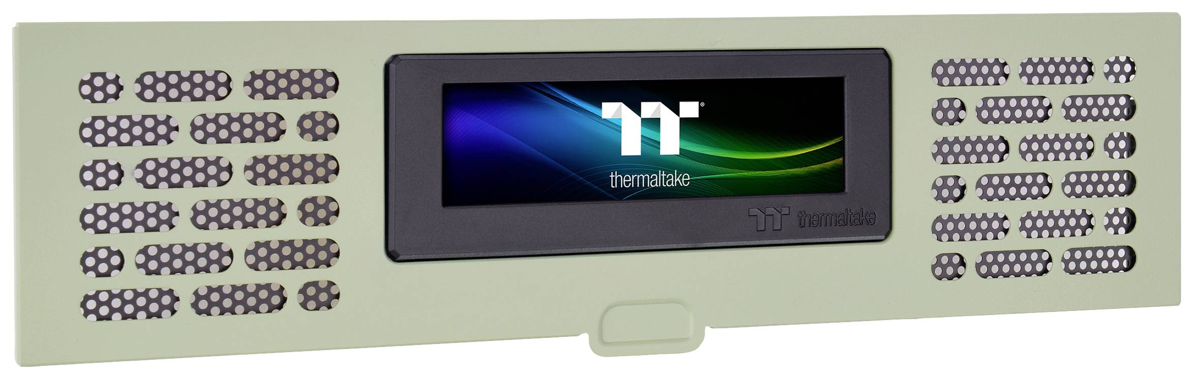 Ein Bildschirm mit Thermaltake-Logo und abgebildeten Farben Grün, Blau und Schwarz. Umgeben von durchlässigem Gehäuse.