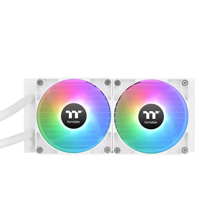 Weiße Lüfter mit Regenbogen-LED-Beleuchtung und sichtbaren Kabeln, designed für Computer-Kühlung.
