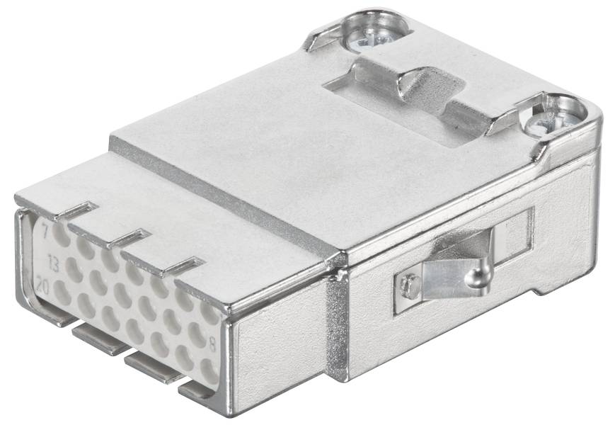 Ein rechteckiger elektrischer Stecker mit mehreren Buchsen, silberfarben mit einem Verriegelungsmechanismus an der Seite.