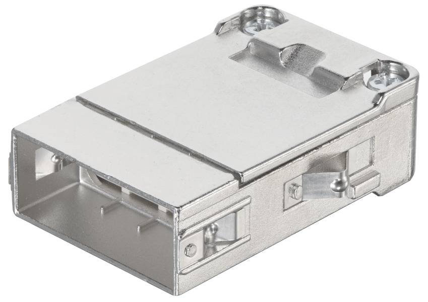 Metallgehäuse für elektronische Steckverbindungen. Rechteckige Form mit Schraubbefestigungen an den Ecken, silbernes Finish.