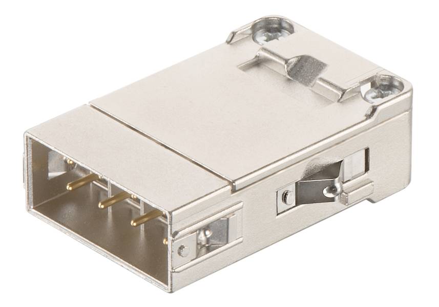 Ein vernickelter Steckverbinder mit rechteckigem Gehäuse und vier sichtbaren goldenen Pins, geeignet für industrielle Anwendungen.