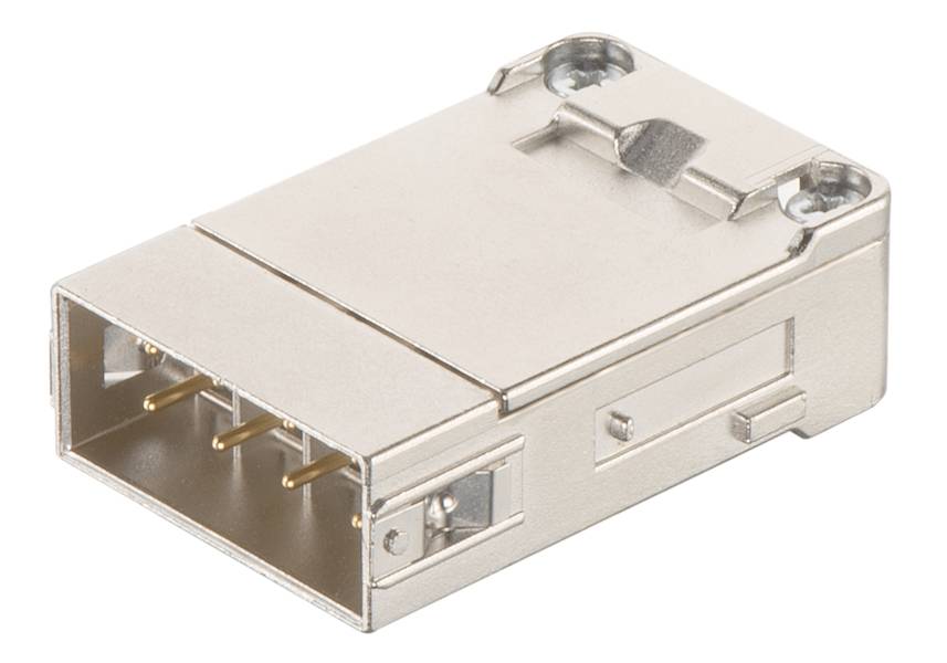 Metallischer Steckverbinder mit rechteckiger Form und mehreren goldfarbenen Kontakten. Geeignet für technische oder elektronische Anwendungen.