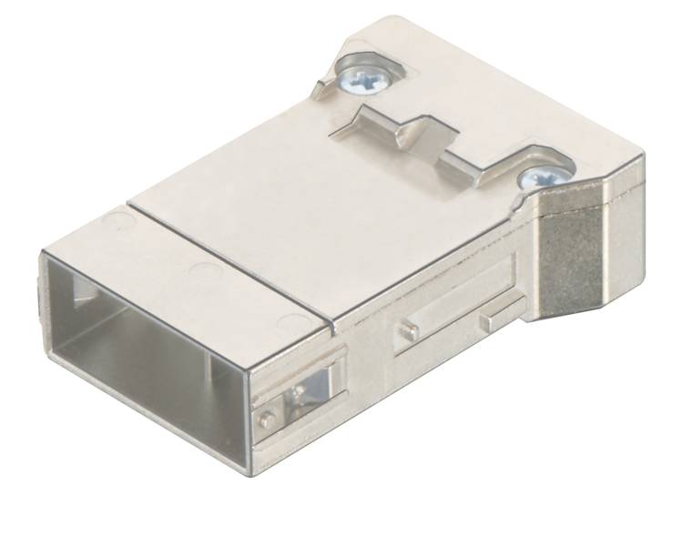 Ein silberner, rechteckiger Metallstecker, möglicherweise ein USB-Anschluss, mit zwei sichtbaren Schrauben und Metallklammern.