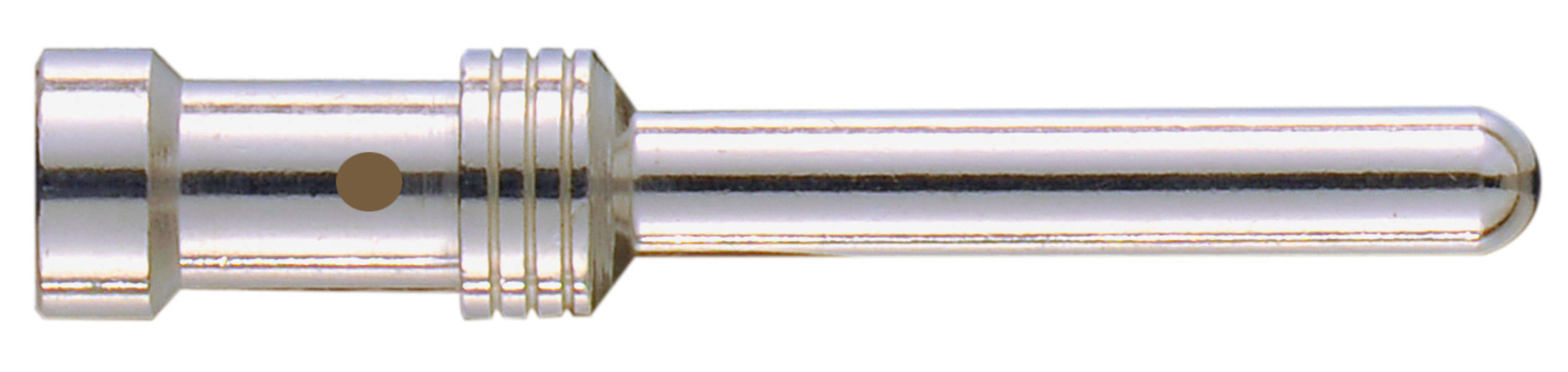 Metallstift mit mehreren Ringen und einer runden Markierung; wird häufig als elektrischer Kontakt- oder Verbindungselement verwendet.