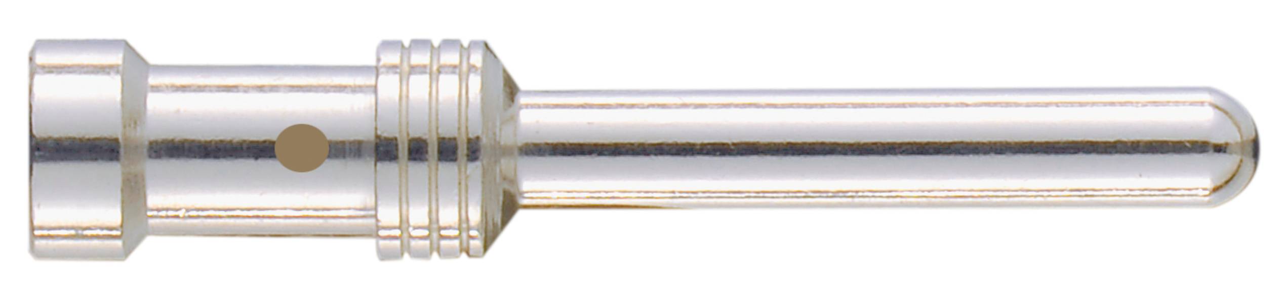 Silberner Metallstift mit mehreren kreisförmigen Rillen, zylindrisch geformt. Möglicherweise ein technisches Verbindungsstück.