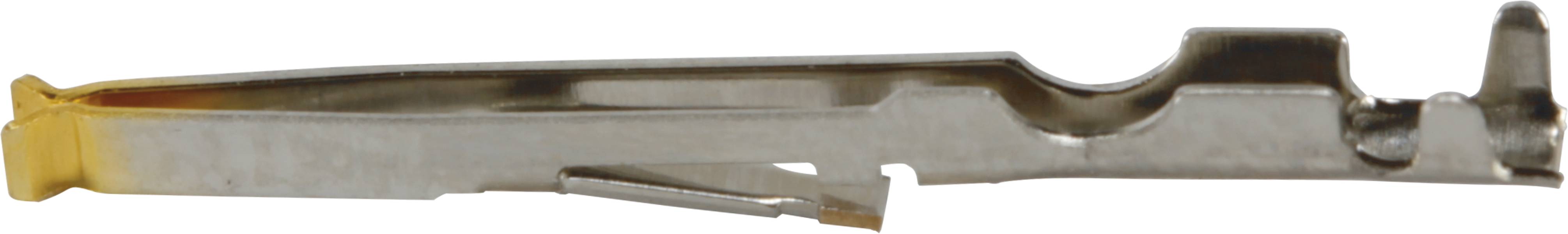 Ein Metallclip in Seitenansicht, möglicherweise ein Befestigungselement, mit gebogener und flacher Form.