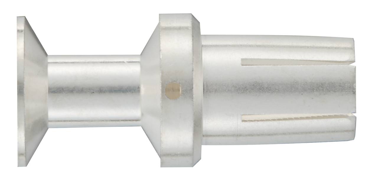 Ein silberner Metallstecker mit kreisförmigem Flansch und zylindrischem Körper, möglicherweise für Elektronik- oder Kabelverbindungen.