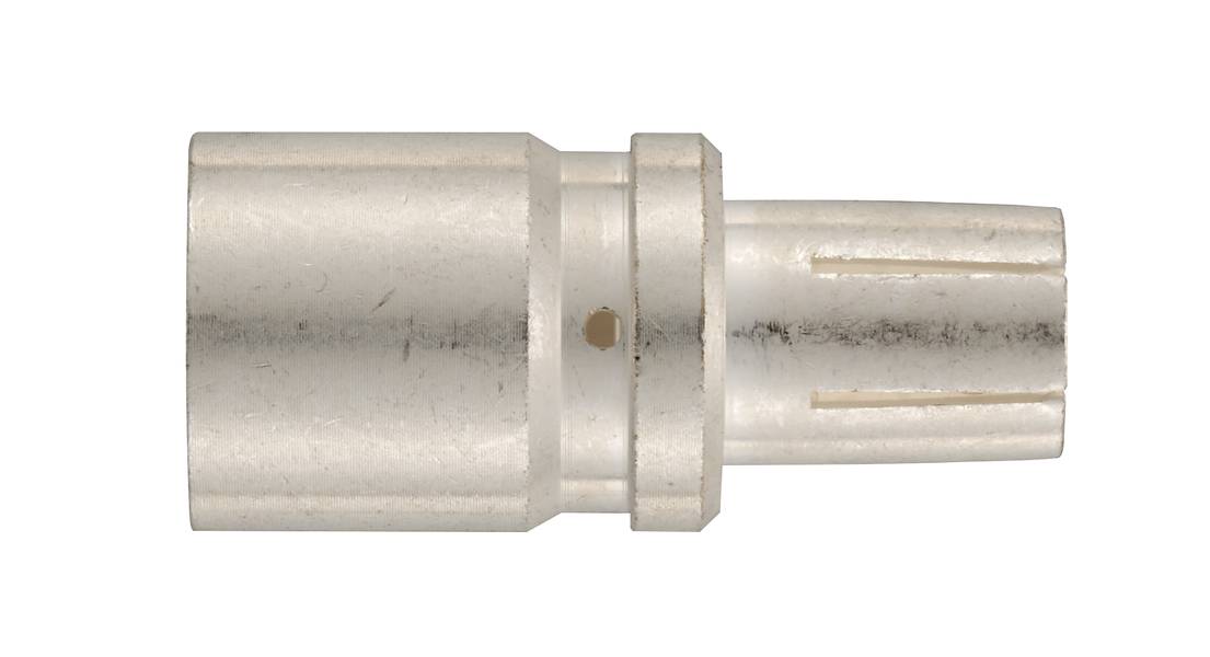 Metallstecker, zylindrisch, eine Seite offen, Rillen für Stabilität sichtbar. Dient zur elektrischen Verbindung oder Signalübertragung.