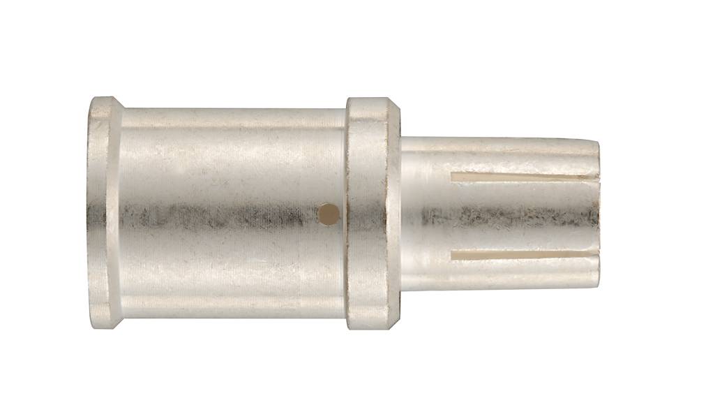 Ein silberfarbenes Metall-Bauteil, zylindrisch mit einer rundlichen Basis und einem schmaleren, geriffelten Ende.