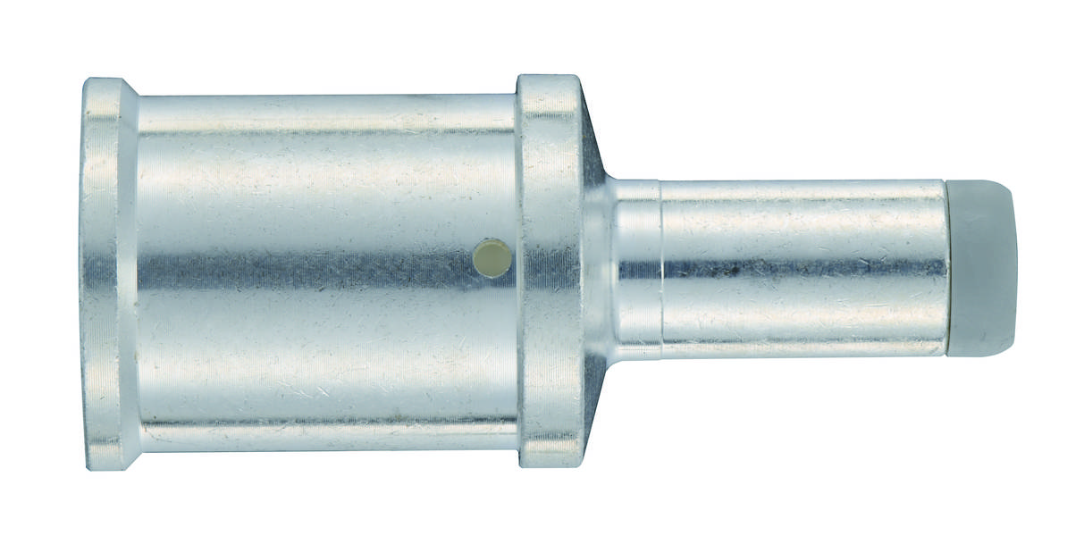 Eine silberne Metallkupplung mit zylinderförmigem Körper, einem schmaleren Ansatz und einem Gummiaufsatz an der Spitze.