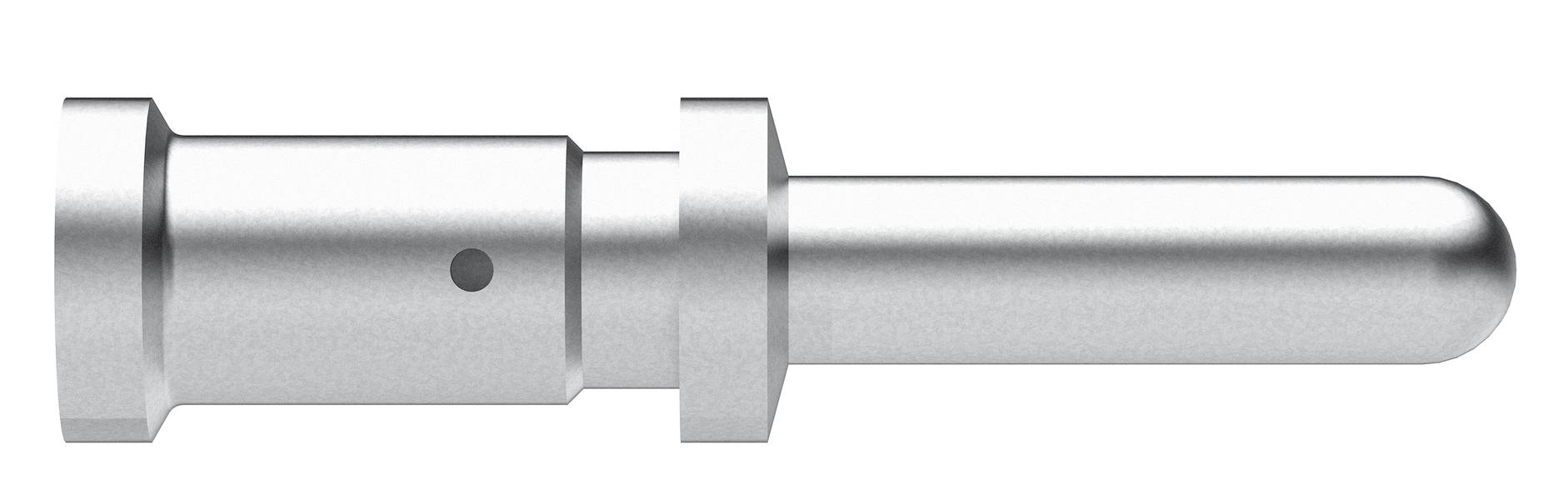 Silberner Metallstift mit einem kleinen Loch und zwei Absatzstufen, verwendet vermutlich als Verbindungselement in mechanischen Geräten.