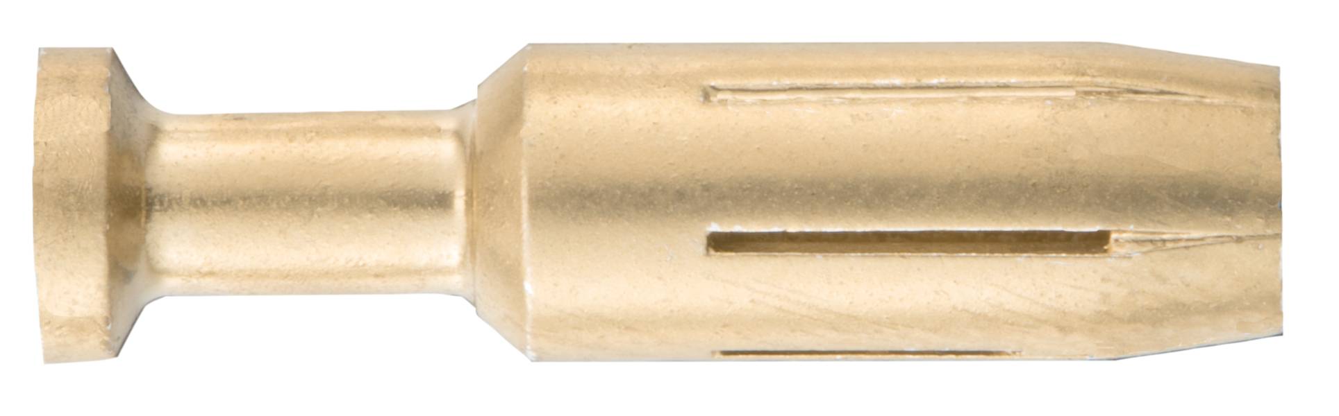 Ein goldener Dübel aus Metall, zylindrisch geformt, mit Längsschlitzen für festen Halt in der Wand.