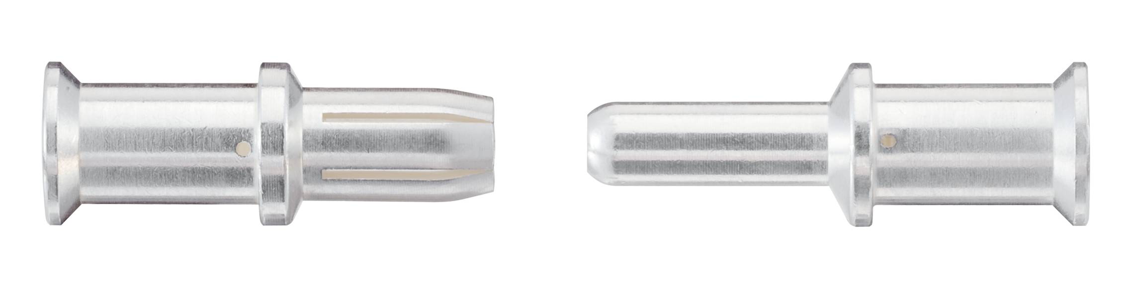 Zwei silberne Steckverbinder nebeneinander, links Buchse, rechts Stecker. Beide haben glatte, metallische Oberflächen.